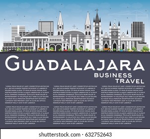 Guadalajara Skyline with Gray Buildings, Blue Sky and Copy Space. Vector Illustration. Business Travel and Tourism Concept with Historic Architecture. Image for Presentation Banner Placard and Web.