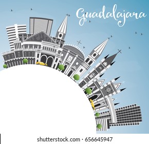 Guadalajara Skyline with Gray Buildings, Blue Sky and Copy Space. Vector Illustration. Business Travel and Tourism Concept with Historic Architecture. Image for Presentation Banner Placard and Web.