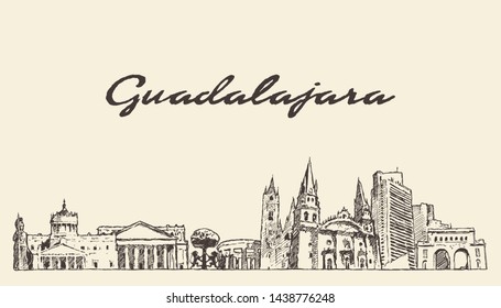 Guadalajara skyline, Jalisco, Mexico, hand drawn vector illustration, sketch