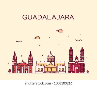 Guadalajara skyline, Jalisco, Mexico. Trendy vector illustration, linear style