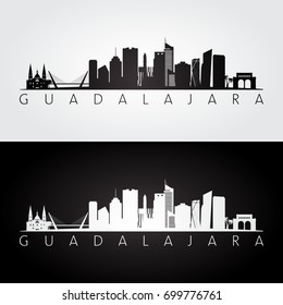 Guadalajara Skyline Landmarks Silhouette Black White Stock Vector ...