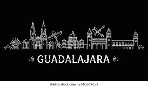 Guadalajara Skyline Mexico with White Line art.
