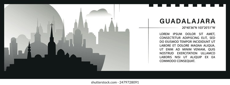 Guadalajara skyline vector banner, black and white minimalistic cityscape silhouette. Mexico, Jalisco city horizontal graphic, travel infographic, monochrome layout for website