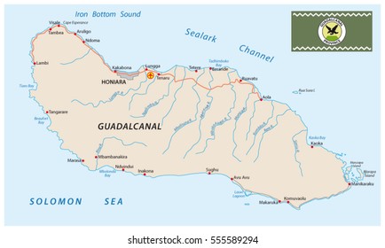 Guadalcanal island map with flag