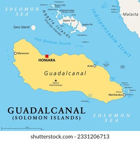 Guadalcanal, principal and largest island of the Solomon Islands, located in the Solomon Sea, and in the southwestern Pacific Ocean, with Honiara, the capital of the island country. Illustration.