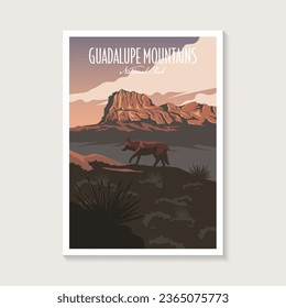 Dibujo de afiche del Parque Nacional Guadalupe, diseño de afiches de paisajes de cañones de montaña de lobo