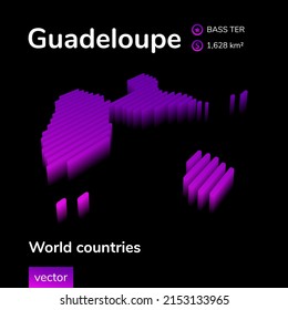 Guadeloupe 3D map. Stylized neon simple digital isometric striped vector Map of Guadeloupe is in violet colors on black background