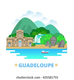 Guadeloupe country design template. Flat cartoon style sight showplace web site vector illustration. World vacation travel sightseeing North America collection. Fort Delgres Basse-Terre Cathedral.