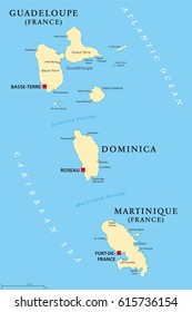 Guadeloupe, Dominica and Martinique political map with capitals Basse-Terre, Roseau and Fort-de-France. Islands in Caribbean Sea and parts of Lesser Antilles. Illustration. English labeling. Vector.