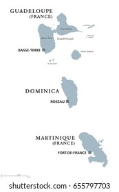 Guadeloupe, Dominica, Martinique political map with capitals Basse-Terre, Roseau and Fort-de-France. Caribbean islands, parts of Lesser Antilles. Gray illustration over white. English labeling. Vector