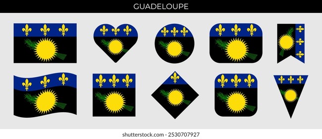 Guadeloupe-Flagge gesetzt. Flaggenvariante mit schwarzem Hintergrund. Nationalflagge in verschiedenen Formen. Vektorgrafik einzeln auf weißem Hintergrund