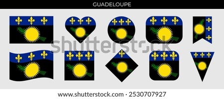 Guadeloupe flag set. Flag variant with black background. National flag in various shapes. Vector illustration isolated on white background