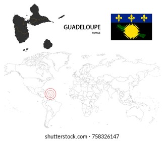 Guadeloupe (France) map on a world map with flag on white background.