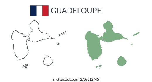 Fronteiras geográficas de Guadalupe isoladas sobre fundo branco. Bandeira de Guadalupe. Cliparts planas vetoriais.