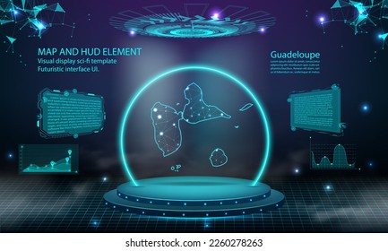 fondo del efecto de conexión de luz de mapa de Guadalupe. interfaz de usuario de tecnología digital abstracta, GUI, interfaz virtual HUD futurista con mapa guadeloupe. Estadio futurista podio en niebla.
