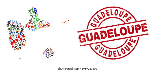 Guadeloupe map mosaic and Guadeloupe red round seal. Guadeloupe seal uses vector lines and arcs. Guadeloupe map mosaic includes markers, homes, lamps, suns, people, and more icons.