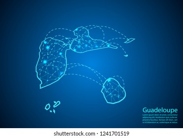 guadeloupe map with nodes linked by lines. concept of global communication and business. Dark guadeloupe map created from white dots with travel locations or internet connection.