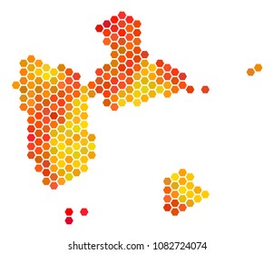 Guadeloupe map. Vector honeycomb territory map in fire color tones. Impressive Guadeloupe map mosaic is made of orange honeycomb blots.