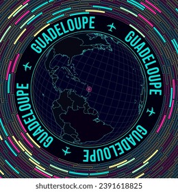 Guadeloupe on globe. Satellite view of the world centered on Guadeloupe. Bright neon style. Futuristic radial bricks background. Awesome vector illustration.