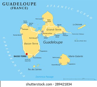 Guadeloupe Political Map with capital Basse-Terre, an overseas region of France, located in the Leeward Islands, part of the Lesser Antilles in the Caribbean. English labeling and scaling.