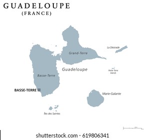 Guadeloupe political map with capital Basse-Terre. Caribbean islands and overseas region of France in the Lesser Antilles and Leeward Islands. Gray illustration over white. English labeling. Vector.