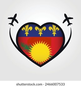 Guadeloupe Travel Heart Flag With Airplane Icons