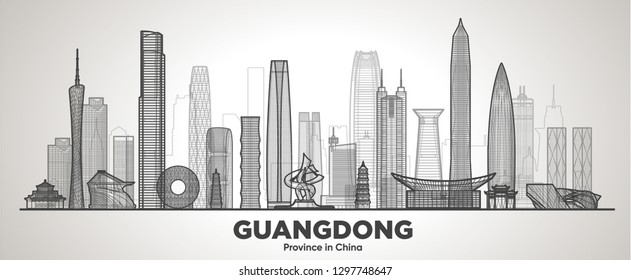 Guagdong  China line skyline with panorama in sky background. Vector Illustration. Business travel and tourism concept with modern buildings. Image for banner or web site.