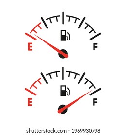 Guage Of Gas Or Petrol. Fuel Indicator Empty And Full Tank Car, Icons Isolated On White Background. Gasoline Dashboard With Level Arrow. Simple Flat Line Design. Vector Illustration.