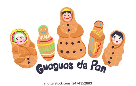 Guaguas de pan. Bebé pan. Plato tradicional ecuatoriano. Pan dulce en forma y decorado en forma de niño Pequeño. Pan para el Día de los Muertos 