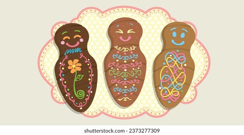 Guaguas de pan - Muñeca de pan decorada con líneas de color en castellano - Vista superior de 3 diferentes panes tradicionales ecuatorianos decorados para el día de los muertos en un mantel amarillo ovalado