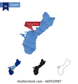 Guam blue Low Poly map with capital Hagatna, versions with flag, black and outline. Vector Illustration.