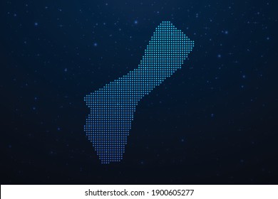 Guam dotted map in futuristic style, glowing outline made of stars lines dots. Communication, internet technologies concept on dark blue space background. Vector illustration.