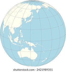 Guam featured at the center of the orthographic projection of the world map, showcasing its strategic importance in the Western Pacific.