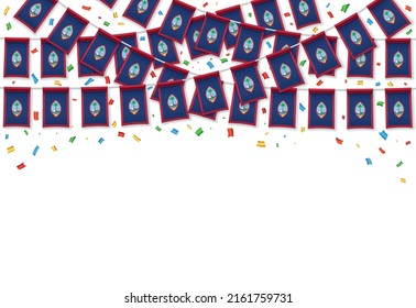 Guam flag garland white background with confetti, Hang bunting for independence Day celebration template banner, Vector illustration