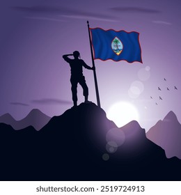 Guam-Fahne auf einem Berggipfel gehisst mit einem violetten Sonnenuntergang im Hintergrund, Vektorgrafik