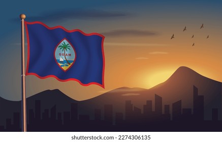 Guam flag with mountains and morning sun in the background