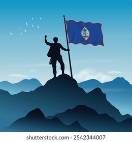Guam Flag raised on a mountain peak with clear sky in the background, vector illustration