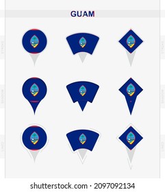 Guam flag, set of location pin icons of Guam flag. Vector illustration of national symbols.