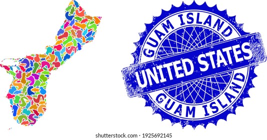 Abstracción del mapa de la isla de Guam. Mapa de mosaico de la ranura y sello de goma para la isla de Guam. Sello azul rosetón con pie de foto para el mapa de la isla de Guam.