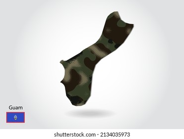 guam map with camouflage pattern, Forest - green texture in map. Military concept for army, soldier and war. coat of arms, flag.