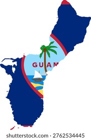 Guam Map with National Flag Design and Accurate Geographic Contours. Professional vector silhouette featuring the blue field, red border, and the iconic almond-shaped seal with the Chamorro proa and palm tree. Ideal for Pacific military history, US territory infographics, Hagatna tourism, and Micronesia travel guides. Clean 2D minimalist graphic