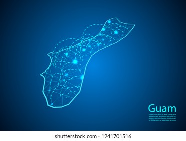 guam map with nodes linked by lines. concept of global communication and business. Dark guam map created from white dots with travel locations or internet connection.