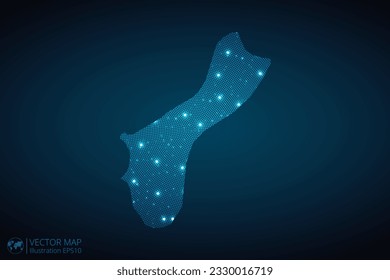 Guam map radial dotted pattern in futuristic style, design blue circle glowing outline made of stars. concept of communication on dark blue background. Vector EPS10