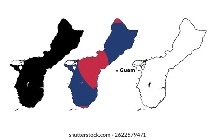 Guam Map Vector - Country Outline, Flag Inside Map, Blank and Silhouette Version