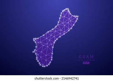 Guam Map - Weltkarte, internationale Vektorvorlage mit violetter Mash-Linie, Punktwaage und Polygon-Stil einzeln auf violettem Hintergrund - Vektorgrafik eps10