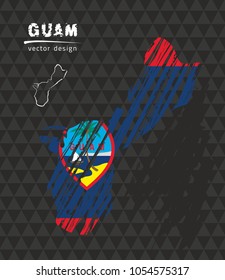 Guam national vector map with sketch chalk flag. Sketch chalk hand drawn illustration