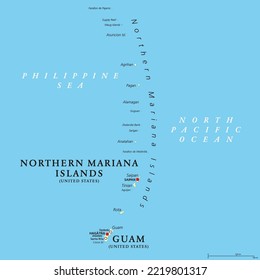 Guam and Northern Mariana Islands, political map. Two separate unincorporated territories of the United States of America in the Micronesia subregion of the Western Pacific Ocean. Illustration. Vector