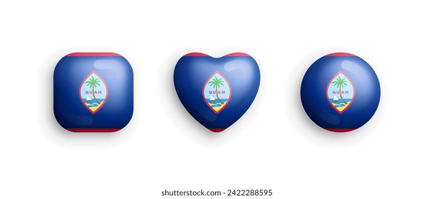 Guam Official National Flag 3D Vector Glossy Icons In Rounded Square, Heart And Circle Shape Isolate On White Backdrop. Guamanian Sign And Symbols Graphic Design Elements Volumetric Buttons Collection