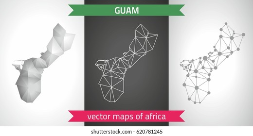 Guam set of grey and silver mosaic 3d polygonal maps. Graphic vector triangle geometry outline shadow perspective maps