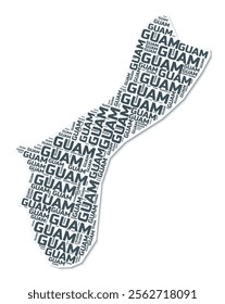 Guam shape text cloud. Country border with shadow on white background. Guam with regions division in vintage gazette style. Trending vector illustration.